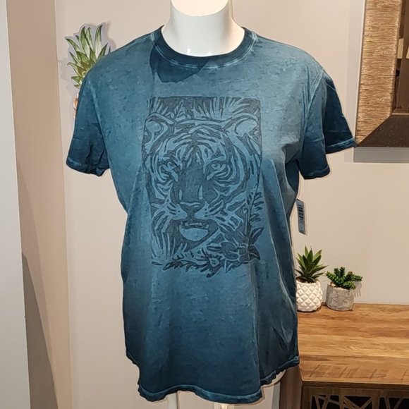 Torrid - Tiger Relaxed Fit Cotton Jersey Destructed Drop Shoulder Tunic in Teal - Picture 2 of 14